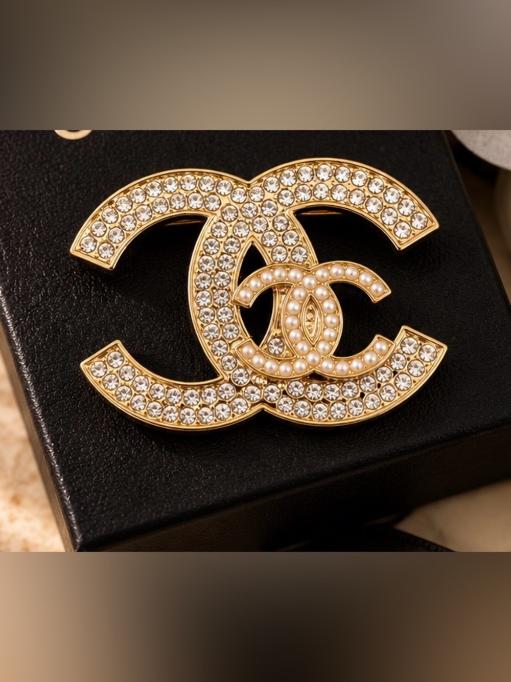 Gold Tone Crystal Double C Brooch Rhinestone Statement Lapel Pin